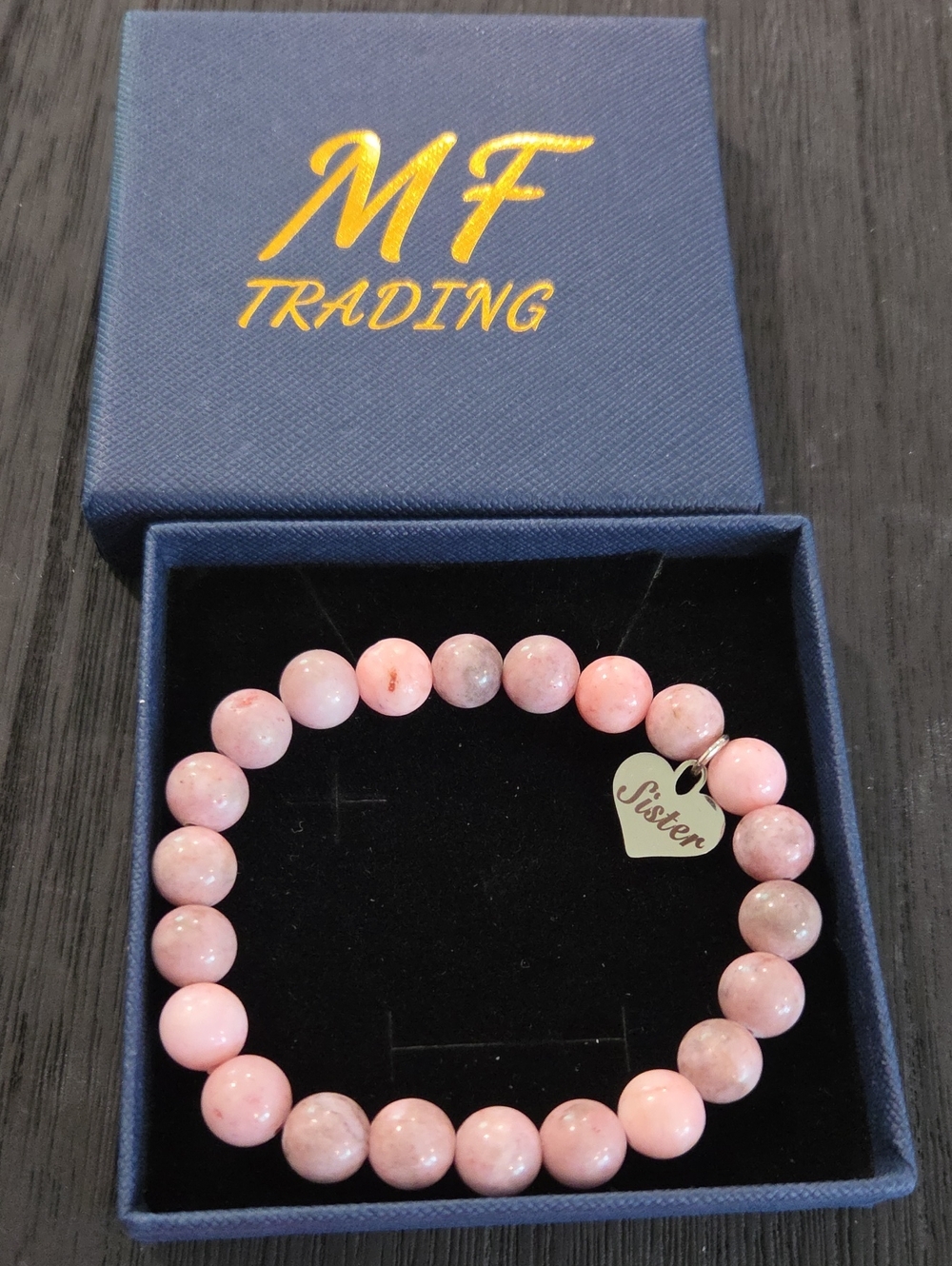 Pink Stone Bead 'Sister' Charm Stretch Bracelet